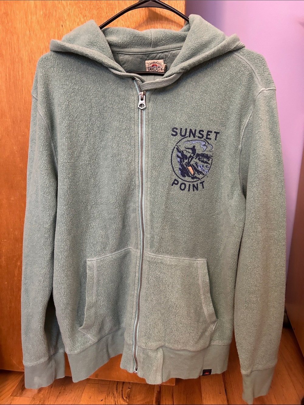 Faherty Sage Green Full-Zip Hoodie with Sunset Point Patch